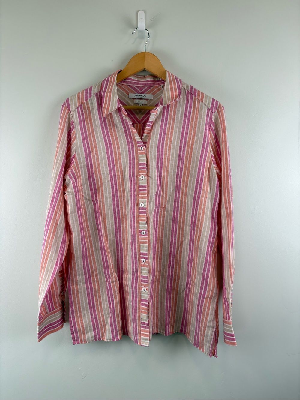 Foxcroft Easy Care 100% Linen Striped Shirt Size 14 Relaxed Orange Pink